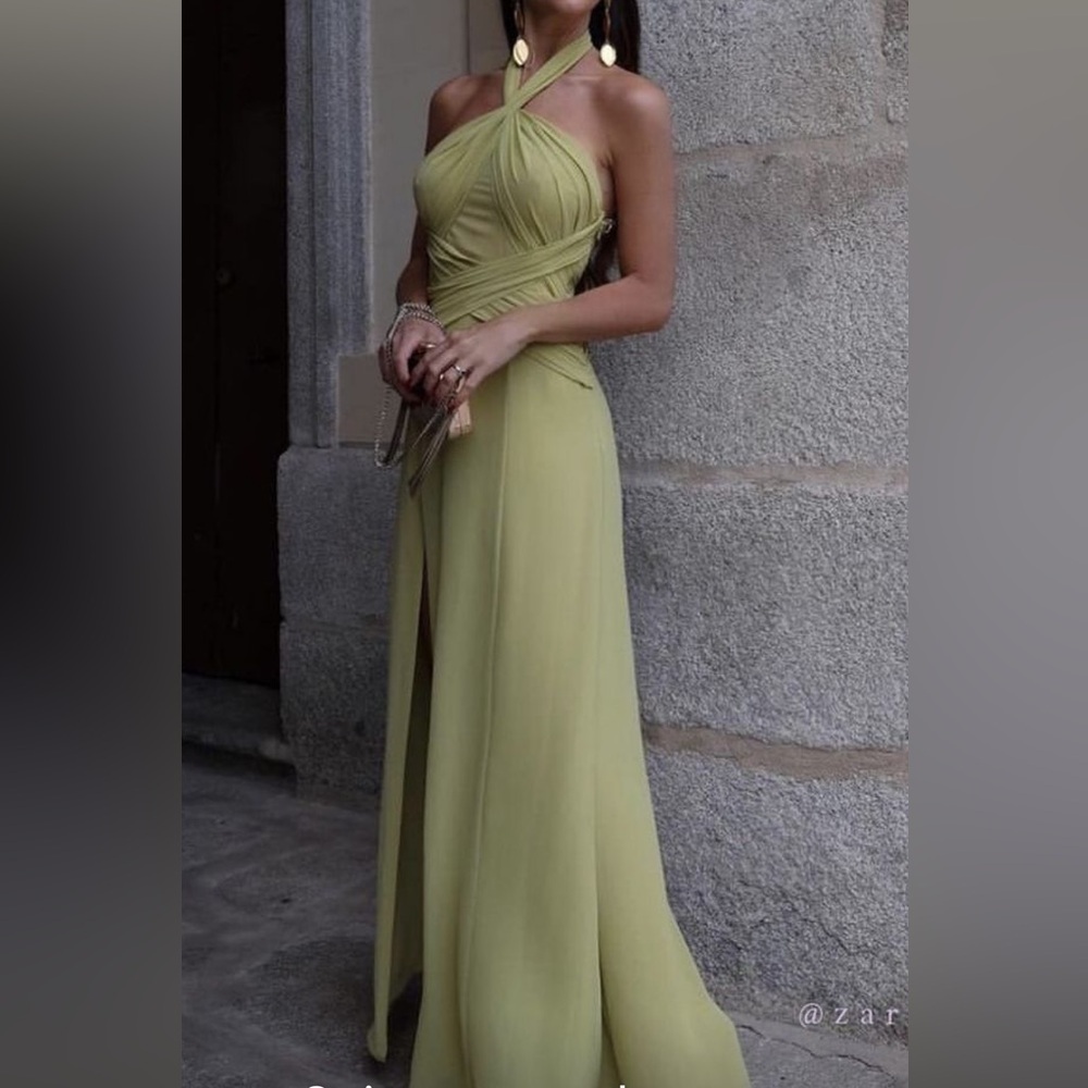 Zara Elegant Olive Green Halter Evening Gown Sz L NWT